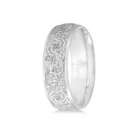 Hand-engraved Flower Wedding Ring Wide Band 14k White Gold (7mm)