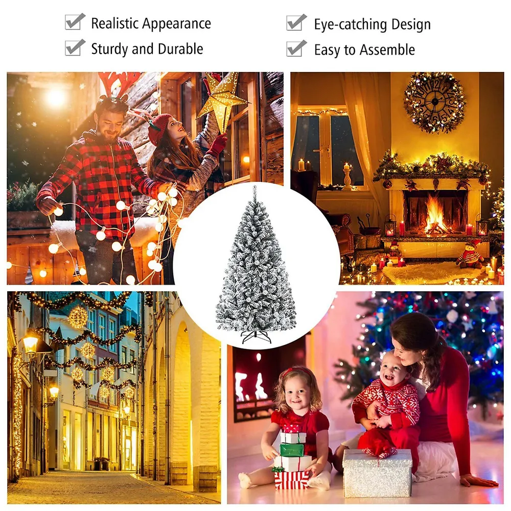 Costway 8ft Pre-Lit Hinged Christmas Tree Snow Flocked w/ 9 Modes Remote Control Lights