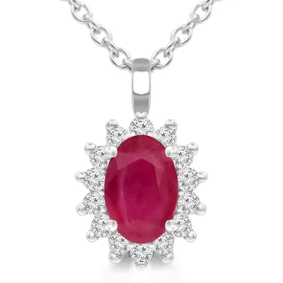 0.89 Ct Oval Red Ruby Halo Pendant Necklace 14k White Gold