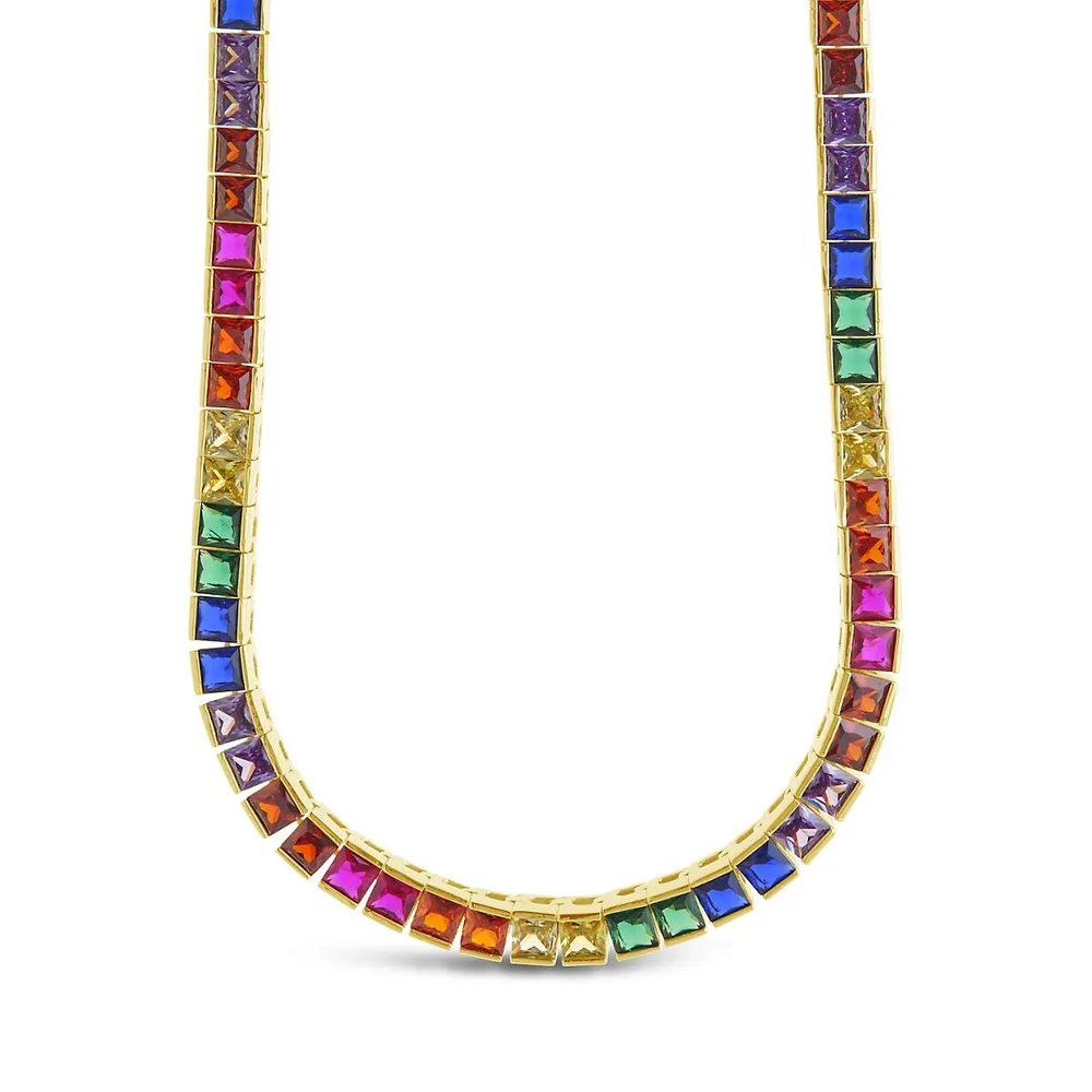 Rainbow Square Cz Tennis Necklace Necklace Sterling Forever Gold 16"