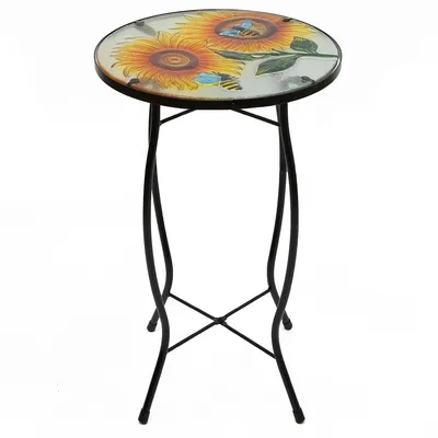 19" Sunflower And Bumblebee Glass Patio Side Table