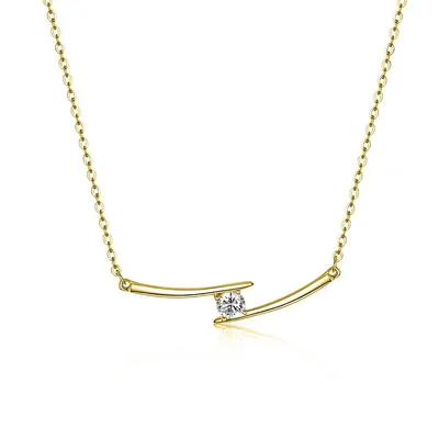 Sterling Silver 14k Yellow Gold Plated with 0.30ctw Lab Created Moissanite Solitaire Chevron Bar Pendant Necklace