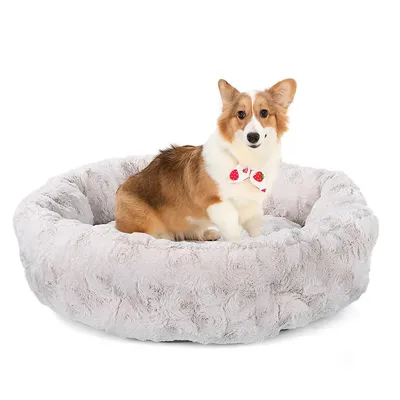 Calming Dog Bed Faux Fur Fluffy Round Donut Cuddler Anti Anxiety Cat Bed, 23.6 × 6.2''