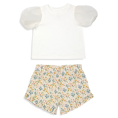 Baby Girl's 2-Piece Tulle-Sleeve T-Shirt & Floral Shorts Set