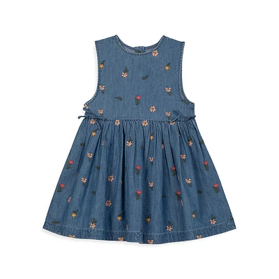 Baby Girl's Party Embroidered Sleeveless Chambray Dress