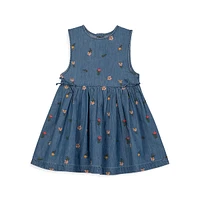 Baby Girl's Party Embroidered Sleeveless Chambray Dress