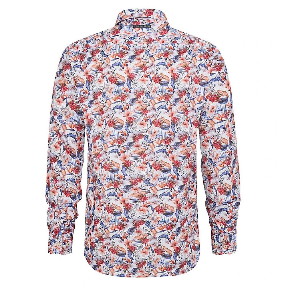 Chemise coupe classique en coton et lin à imprimé floral