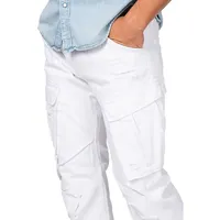 Men's Premium White Jeans Slim Straight Distressed Cargo Side Pockets