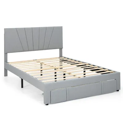 Queen Upholstered Bed Frame Platform Bed With Drawer & Adjustable Headboard Grey
