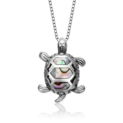 Sterling Silver With White Gold Plated Turtle Pendant Necklace
