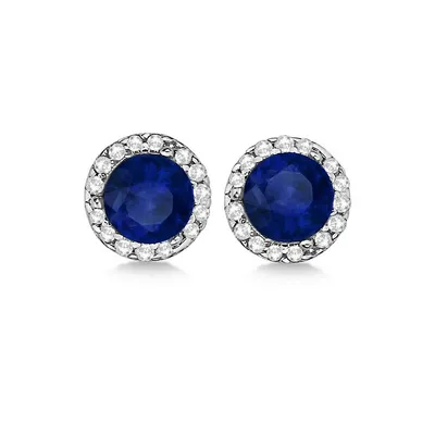 Diamond And Blue Sapphire Earrings Halo 14k White Gold (1.15tcw)