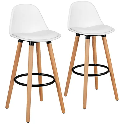 Set Of 2 Mid Century Barstool 28.5" Dining Pub Chair W/leather Padded Seat White