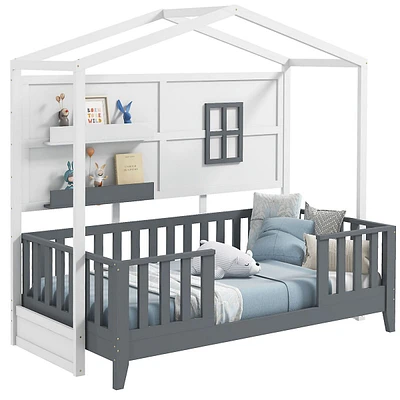 Twin Size Kids House Bed With Fence Window Wooden Slats & 2 Storage Shelves