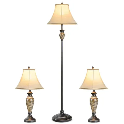 3-piece Traditional Style Lamp Set With Linen Fabric Lamp Shades ＆ Weighted Bases