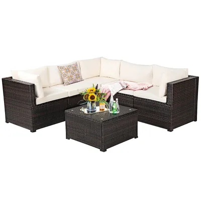 6pcs Patio Rattan Furniture Set Sectional Cushioned Sofa Deck
