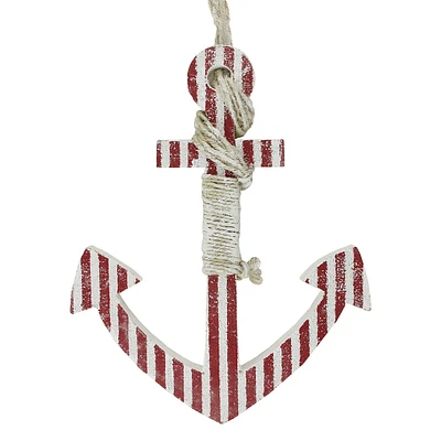 16" Red And White Striped Nautical Hanging Anchor With Rope Wall Art