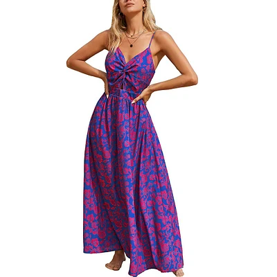 Women's Floral Print Knotted V-neck Maxi Dress