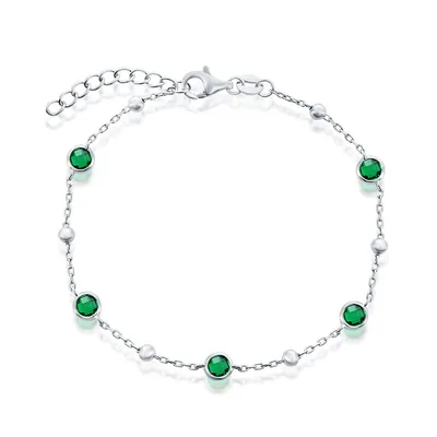 Sterling Silver Bezel-set And Cz Bead Bracelet (white, Green, Blue Or Red)