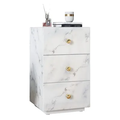 Bedside Table, Functional Nightstand With 3 Drawers, White Marble Textured Glass Surface, Metal Handles - Inta009