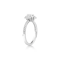 0.80 Carat Tw Three Stone Emerald Cut Halo Engagement Ring In 14kt White Gold