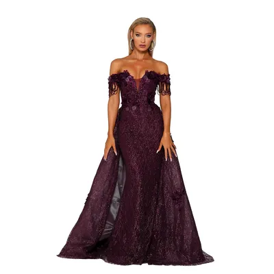 Ps6001s Off The Shoulder Glitter Lace Gown With Over Skirt