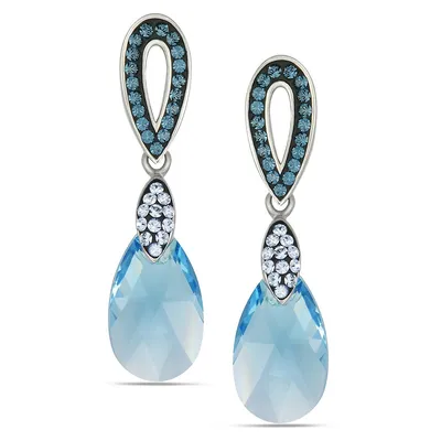 Sterling Silver And Rhodium Swarovski Crystal Blue Topaz Teardrop Earring