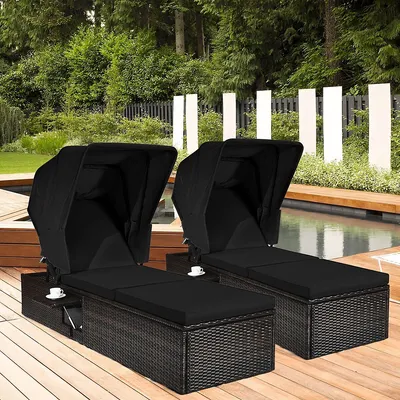 2pcs Patio Rattan Lounge Chair Chaise Cushion Canopy Adjustable Tea Table