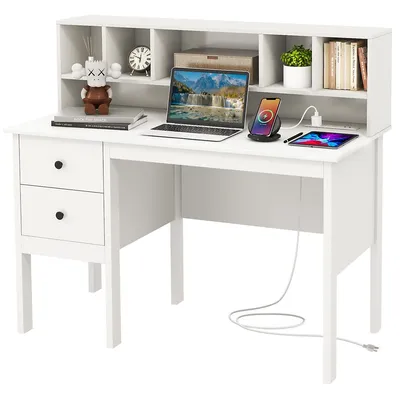 Computer Desk 48" Writing Table W/ Power Outlets 5-cubby Hutch 2 Storage Drawers