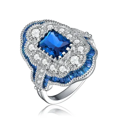 Gv Sterling Silver Sapphire Cubic Zirconia Pave Cocktail Ring