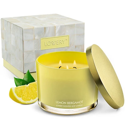 Luxury Lemon Bergamot Candle Gift Set, 3 Wick Decorated Home Candles