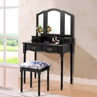 Vanity Makeup Dressing Table Stool Set W/ Folding Mirror 4 Drawers