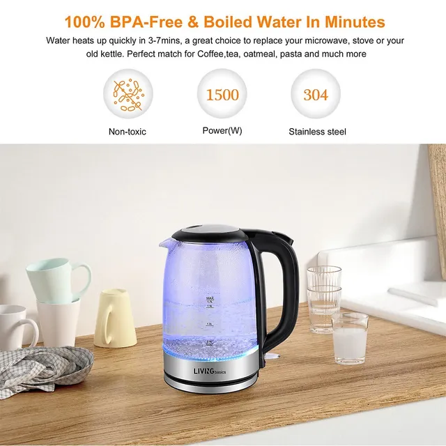 Brentwood Electric Glass Kettle KT-1900BK 1.7L Cordless Black