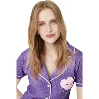 Women Plain Medium Knitted Shirt-trousers Pajama Set