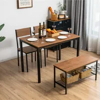 4pcs Dining Table Set Rustic Desk 2 Chairs & Bench W/ Storage Rack