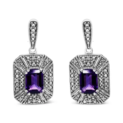 .925 Sterling Silver Diamond Accent And 7x5mm Purple Amethyst Stud Earrings (i-j Color, I2-i3 Clarity)