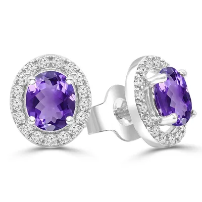 0.92 Ct Oval Purple Amethyst Halo Earrings 14k White Gold