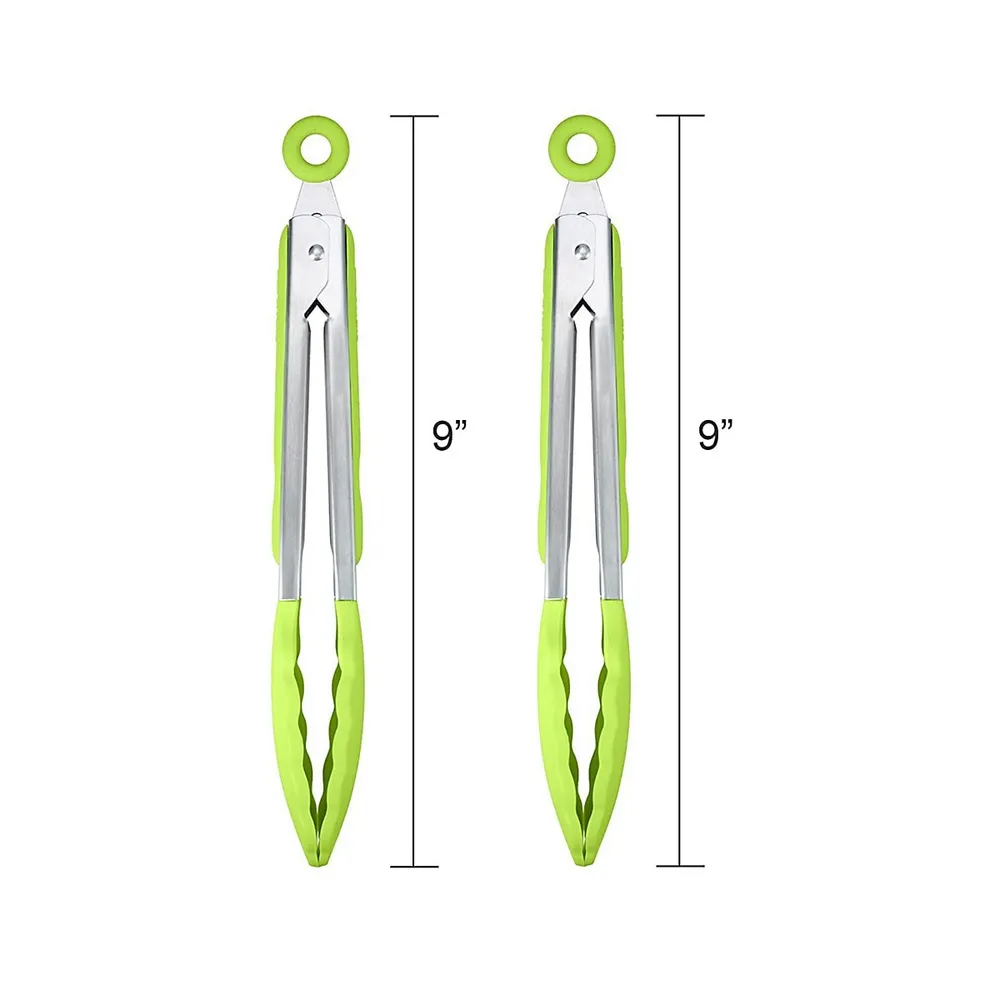 Silicone Utility Tong Kitchen Tongs 9 Inch Metal Salad Tongs, Set Of 2 (green)