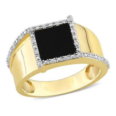 Men's Square Black Onyx And 1/10 Ct Tw Diamond Ring 10k Yellow Gold