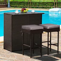 Patio 3pcs Rattan Bar Table Stool Set Cushioned Chairs With Gray & Off White Cover