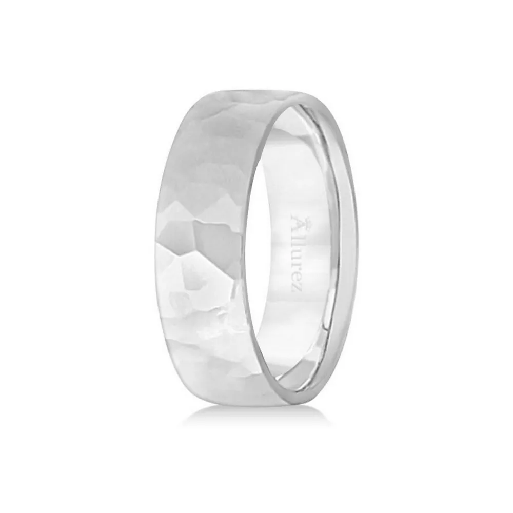 Allurez Men's Hammered Finished Carved Band Wedding Ring 14k White