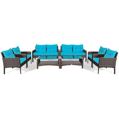 Costway 8pcs Patio Rattan Furniture Set Loveseat Sofa Coffee Table W/turquoise Cushion