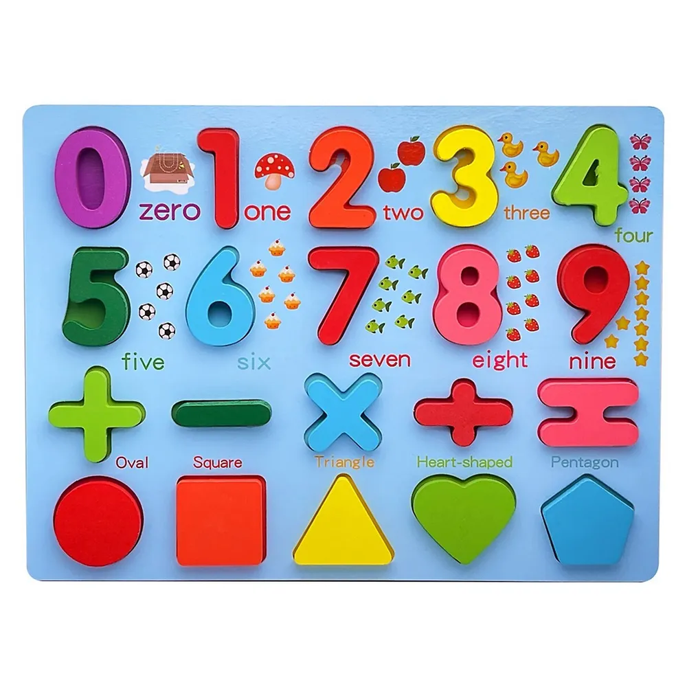 Wooden Numbers, Math Symbols, & Shapes Puzzle Board