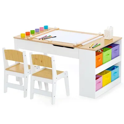 2-in-1 Kids Wooden Art Table And Art Easel Set W/ Chairs Paper Roll Storage Bins