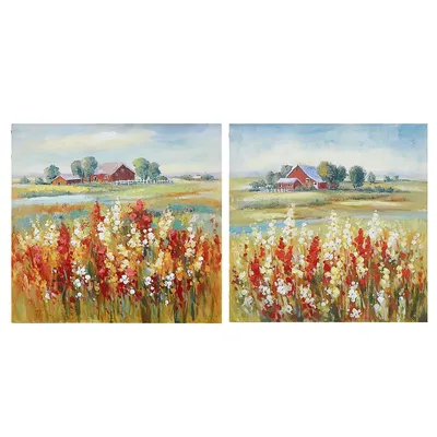 Hand Painted Canvas Wall Art Farm Field Flowers - Set Of 2