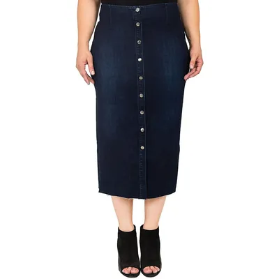 Plus Modern Women Snap Button Frayed Hem Pencil Skirt