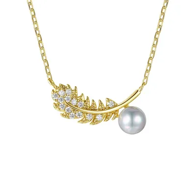 14k Yellow Gold Plated With Clear Cubic Zirconia & Faux Pearl Fern Leaf Pendant Necklace