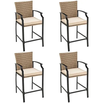 4pcs Patio Rattan Bar Stool Chairs Cushioned Seat Footrest & Armrest