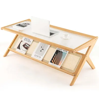 Bamboo Coffee Table 48" 2-tier Glass Tabletop Handwoven Rattan Storage Shelf