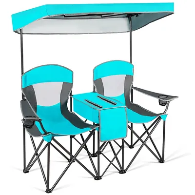 Portable Folding Camping Canopy Chairs W/ Cup Holder Cooler Outdoor Turquoise