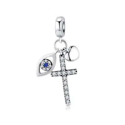 Sterling Silver Cz Cross And Eye Dangling Charm